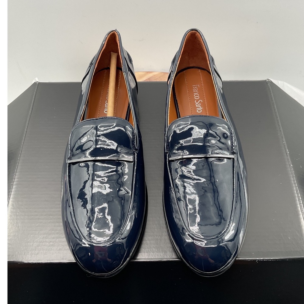 Franco Sarto Womens Navy Blue Patent Leather Slip On Loafers Metal Bar Detail